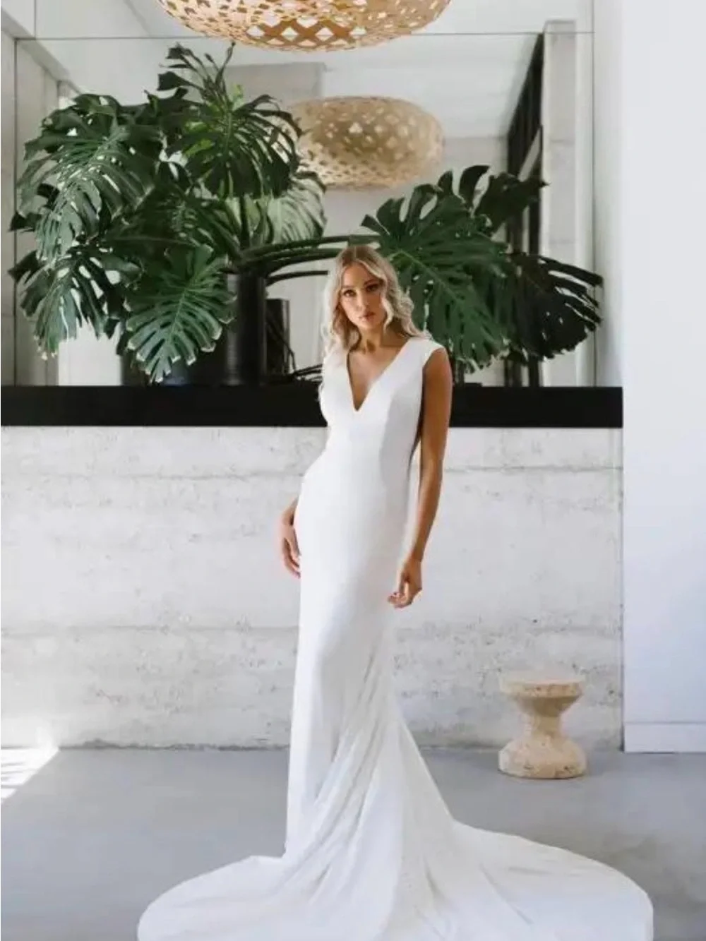 Martina Liana Ivory Satin V-Neck Bridal Gown with Long Train